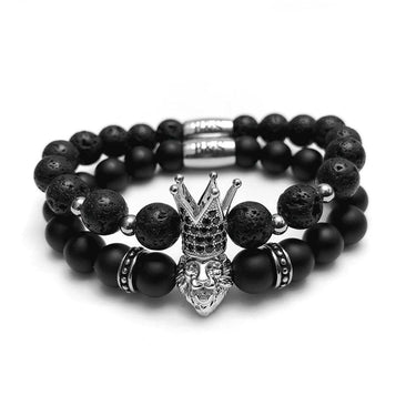 Man Bracelets - Men’s Beaded Bracelets - White Gold Crowned Lion Set - Men’s Bracelet Bracelet XS (14-15cm) Brother & Sisters